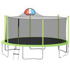 Photo 1 of ***MISSING ONE BOX*** 10FT Trampoline for Kids with Safety Enclosure Net, Basketball Hoop and Ladder, Easy Assembly Round Outdoor Recreational Trampoline
