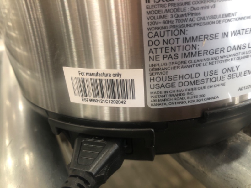 Photo 5 of ***MINOR DAMAGE **MISSING PARTS** Instant Pot Duo Mini 3 Qt 7-in-1 Multi- Use Programmable Pressure Cooker, Slow Cooker, Rice Cooker, Steamer, Sauté, Yogurt Maker and Warmer