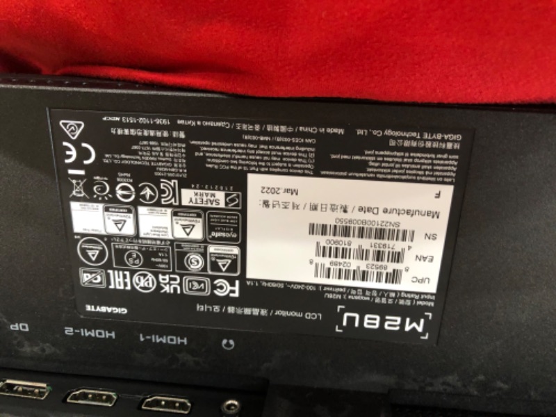 Photo 1 of GIGABYTE M28U 28" 144Hz Gaming Monitor, 3840 x 2160 SS IPS Display, 2ms (MPRT) Response Time, 9?4% DCI-P3, VESA Display HDR400, FreeSync Premium Pro, 1x Display Port 1.4, 2x HDMI 2.1

-powers on 