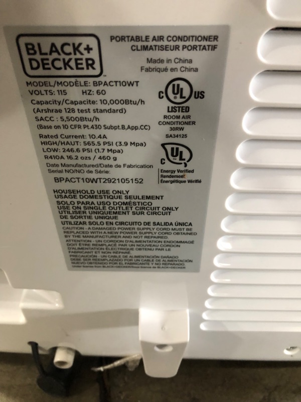 Photo 4 of *** MISSING REMOTE**

BLACK+DECKER 10,000 BTU Portable Air Conditioner with Remote Control, White

- blows ice cold 