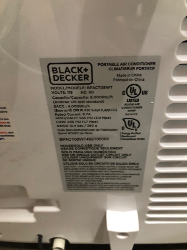 Photo 5 of BLACK+DECKER 8,000 BTU Portable Air Conditioner with Remote Control, White

-blows ice cold 
-MISSING FOAM FOR WINDOW