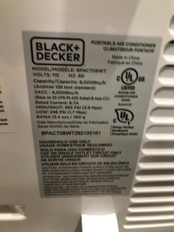 Photo 1 of PARTS ONLY COMPRESSOR DOES NOT COME ON 
BLACK+DECKER 8,000 BTU Portable Air Conditioner with Remote Control, White
