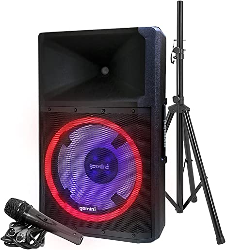 Photo 1 of Gemini Sound GSP-L2200PK Indoor Outdoor Ultra Powerful Bluetooth 2200W Watts Peak Speaker, 15" Inch Woofer, LED Party Lights, Built in Media Player, FM Radio, USB/SD Card/Microphone, Speaker Stand
