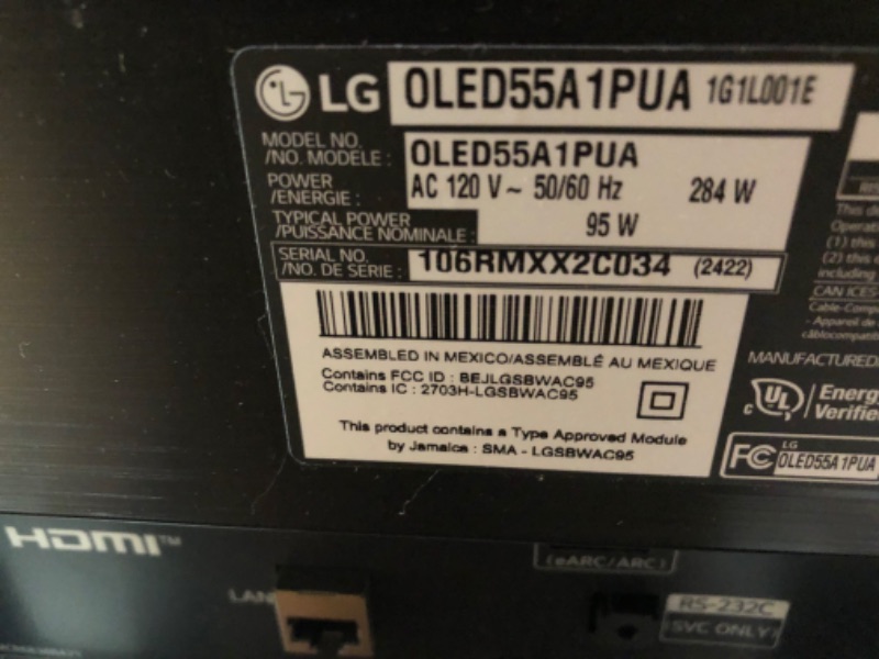 Photo 6 of LG OLED A1 Series 55” Alexa Built-in 4k Smart TV, 60Hz Refresh Rate, AI-Powered 4K, Dolby Vision IQ and Dolby Atmos, WiSA Ready, Gaming Mode (OLED55A1PUA, 2021)

-missing some hardware for feet/stand 
-powers on 