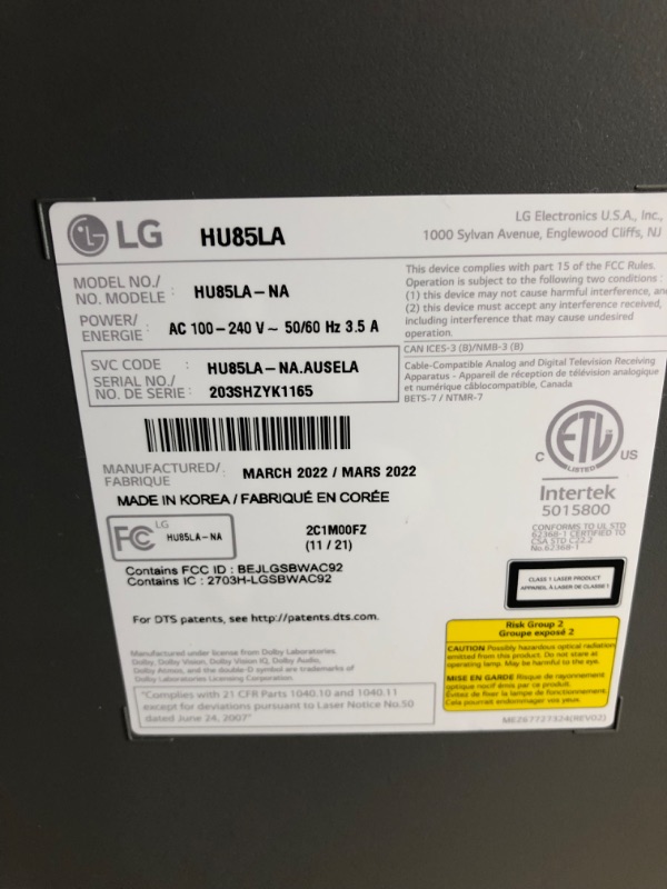 Photo 15 of LG HU85LA Ultra Short Throw 4K UHD Laser Smart Home Theater Cinebeam Projector with Alexa built-in, LG Thinq AI, and LG webOS Lite Smart TV

-powers on displays speakers have sound out of them 