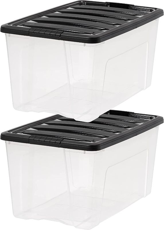 Photo 1 of IRIS USA Plastic Bins, Stackable Storage Container with Secure Latching Buckles Lid, 72 Qt, Clear/Black, 2 Count,580073