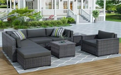 Photo 1 of (Incomplete - Parts Only)  Nestfair - 8-Piece Wicker Outdoor Sectional Set with Gray Cushions
