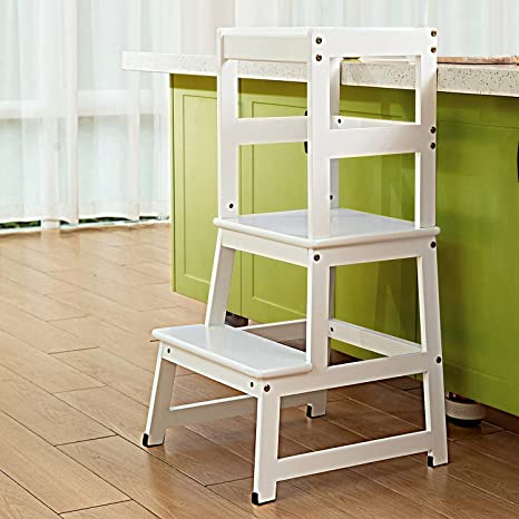 Photo 1 of Kitchen Step Stool for Kids with Safety Rail,Toddler Standing Tower for Kitchen Counter, Baby Montessori Stool,Solid Wood Construction, grey
