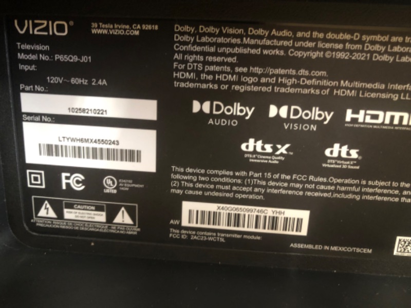 Photo 3 of ***PARTS ONLY*** VIZIO 65-Inch P-Series 4K QLED HDR Smart TV w/Voice Remote, Dolby Vision, 4K 120Hz Gaming, Alexa Compatibility, P65Q9-J01, 2021 Model
