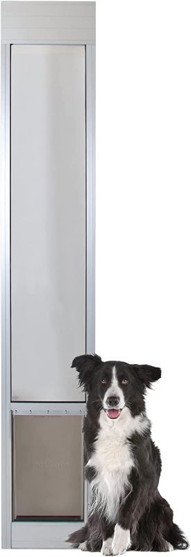 Photo 1 of **DAMAGED* MISSING HARDWARE**  PetSafe 1-Piece Sliding Glass Pet Door - Outdoor Access Patio Panel Insert for Dogs and Cats, Easy No-Cut Installation, Weather-Resistant Aluminum Insert, Includes Slide-in Closing Panel for Security 91 7/16"-96"
