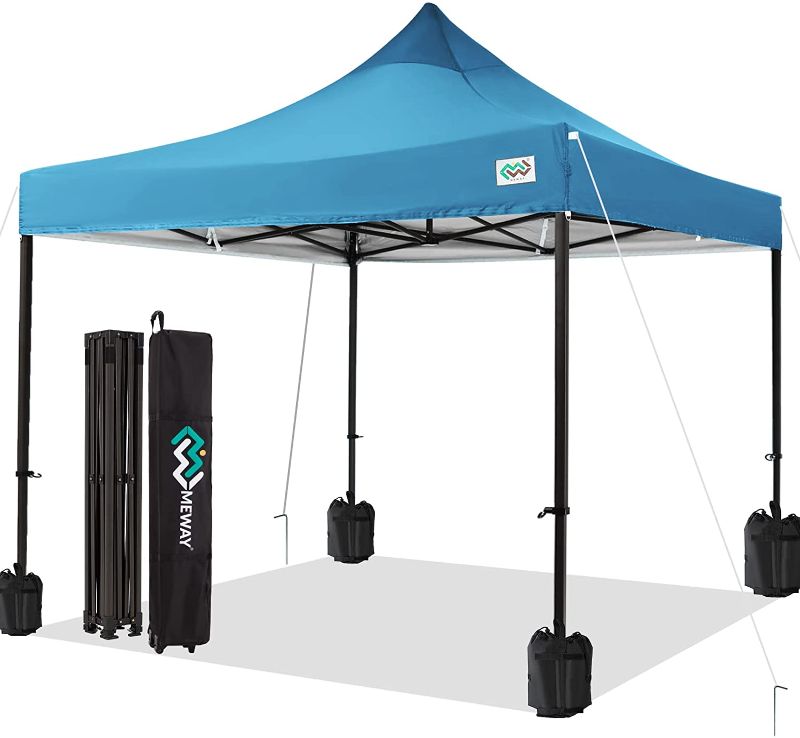 Photo 1 of **MINOR DAMAGE** MEWAY Upgraded Pop Up Canopy Tent 10x10FT, Heavy Duty Outdoor Canopy with Roller Bag,4 Sand Bags,Sky
