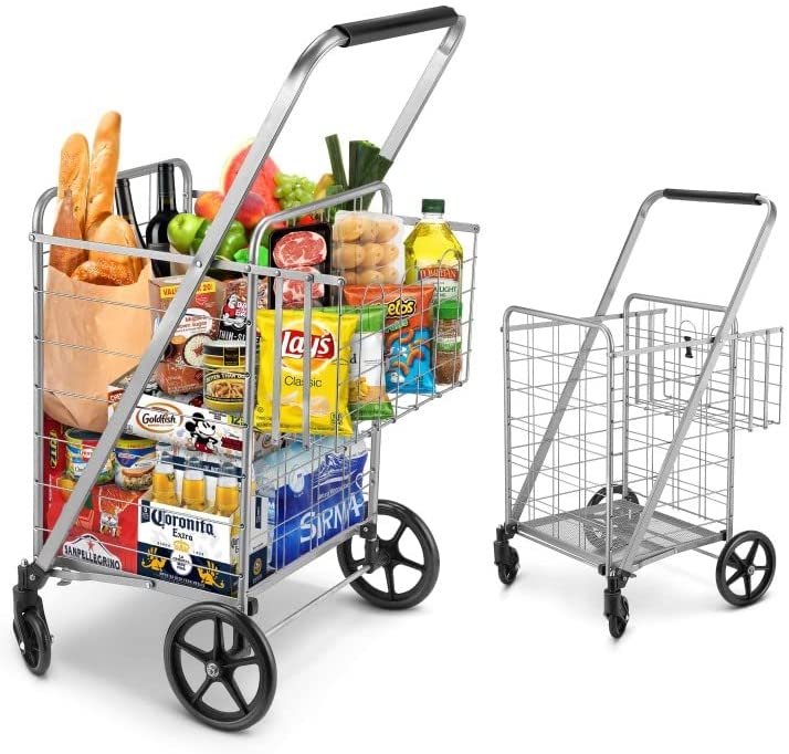 Photo 1 of **Damaged** Shopping Cart, Jumbo Double Basket Grocery Cart 330 lbs Capacity Folding Shopping Cart with 360° Rolling Swivel Wheels Super Loading Utility Shopping Cart for Laundry, Shopping, Grocery, Luggage
