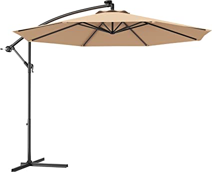 Photo 1 of 10ft Offset Patio Umbrella Cantilever Umbrella, Outdoor Hanging Market Umbrella w/Crank & Cross Base, Easy Tilt Adjustment, Outdoor Offset Umbrellas for Backyard, Poolside, Lawn and Garden ( Beige)