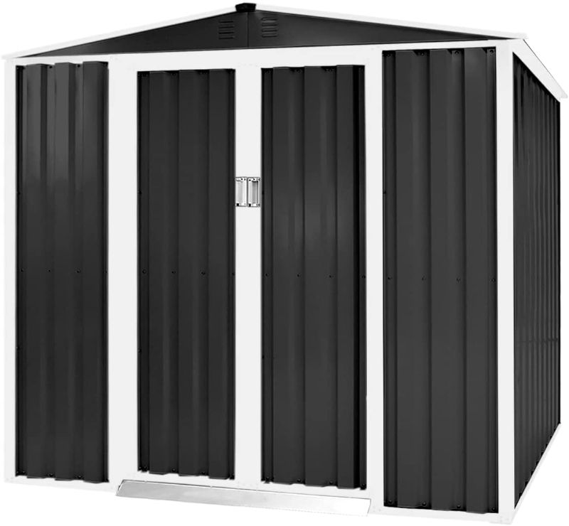 Photo 1 of  Backyard Garden Storage Shed 4 x 6 Feet Tool House with Sliding Door Outdoor Lawn Steel Roof Style Shed, Garden, Grey, Gray
