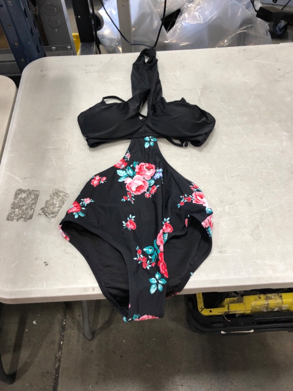 Photo 2 of Black And Floral Wrap Cutout One Piece Swimsuit size XS
