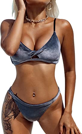 Photo 1 of SEASELFIE Women's V-Neck Cut Out Twist Silvery Gray Velvet Two Piece Bathing Suit unknown size 