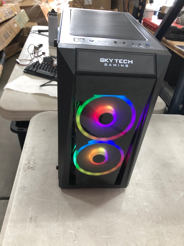 Photo 2 of POWERS ON DOES NOT DISPLAY ANYTHING PARTS ONLY 
Skytech Blaze II Gaming PC Desktop – Intel Core i3 10105F 3.7 GHz, GTX 1650, 500GB SSD, 16G DDR4 3200, 600W Gold PSU, AC Wi-Fi, Windows 10 Home 64-bit