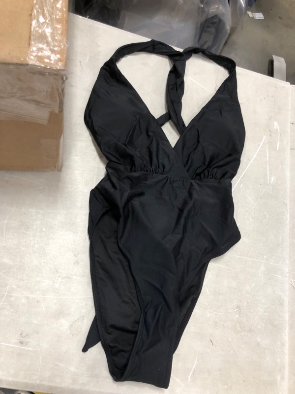 Photo 2 of Brianne Tie Front Plunging Black One Piece Swimsuit
size medium 