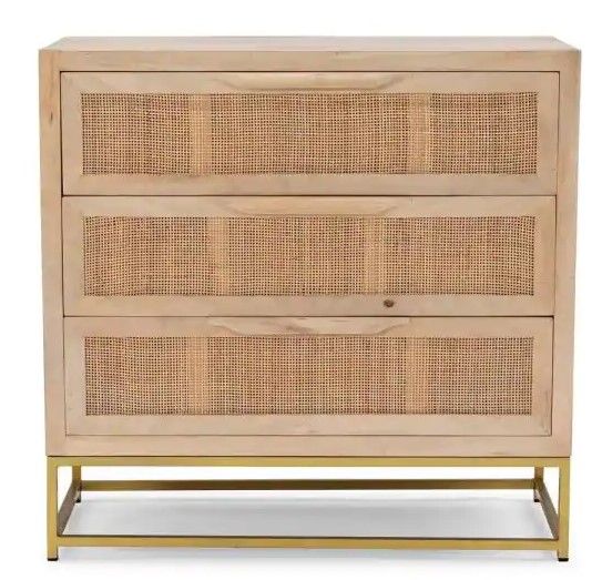 Photo 1 of 3-Drawers Bilson Natural with Gold Base Rattan Cabinet
Measures 19 in. H x 20 in. W x 48 in. D