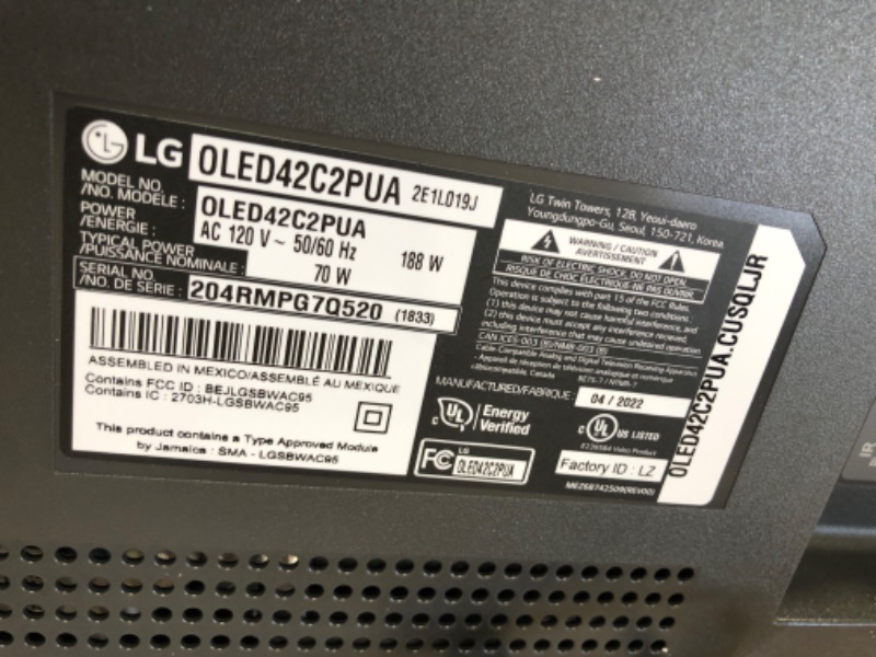 Photo 4 of PARTS ONLY DID NOT POWER ON
LG - 42" Class C2 Series OLED evo 4K UHD Smart webOS TV