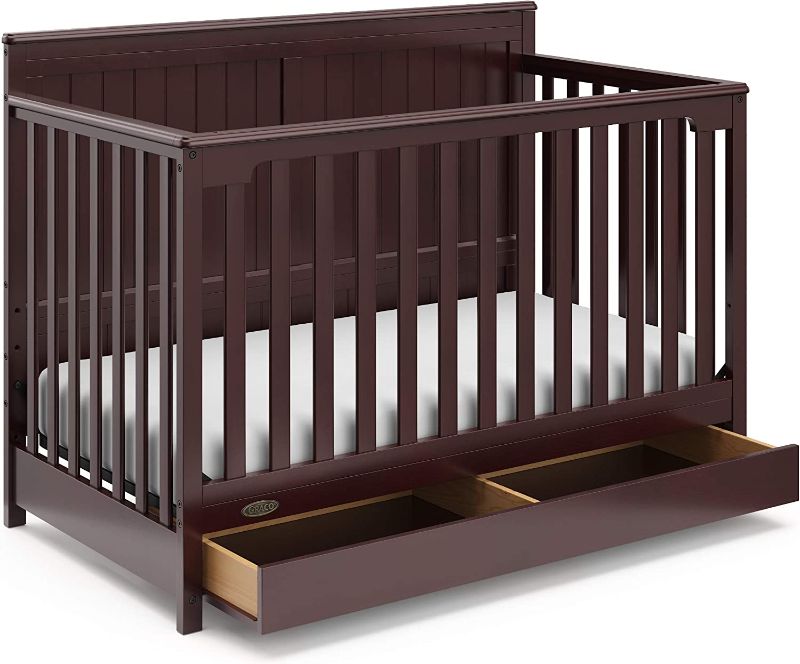 Photo 1 of Graco Hadley 5-in-1 Convertible Crib with Drawer (Espresso) – Crib with Drawer Combo, Includes Full-Size Nursery Storage Drawer, Converts from Baby Crib to Toddler Bed, Daybed and Full-Size Bed
