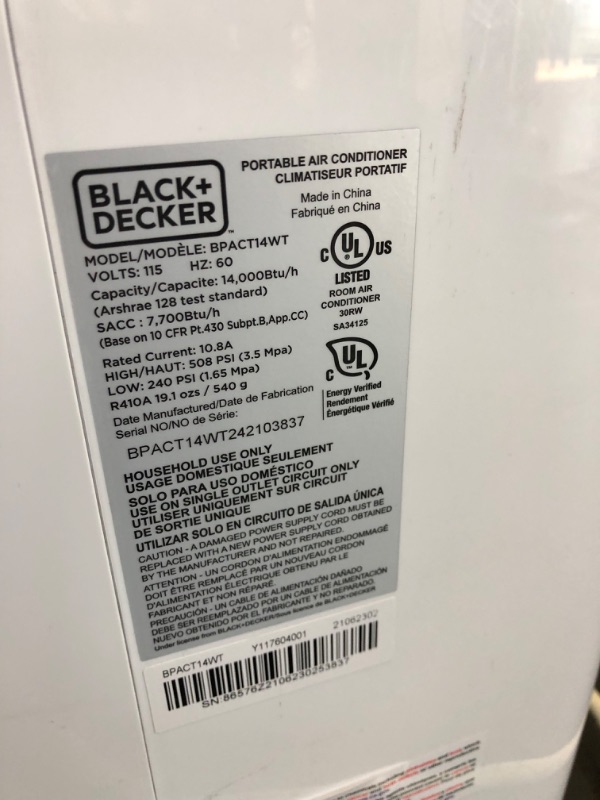 Photo 7 of BLACK+DECKER 14,000 BTU Portable Air Conditioner with Heat and Remote Control, White