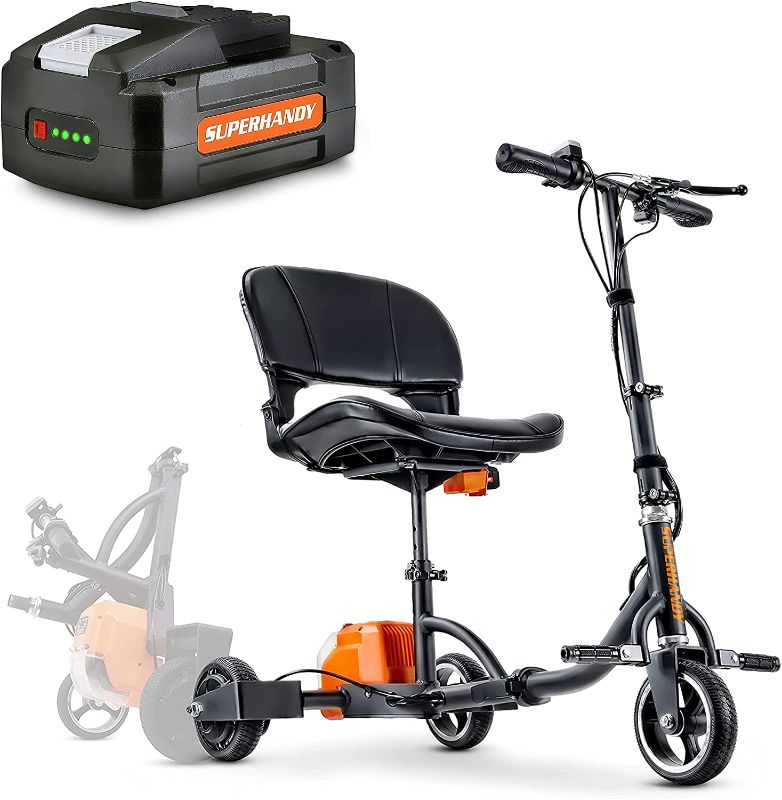Photo 1 of ***DAMAGED** SuperHandy 3 Wheel Folding Mobility Scooter - Electric Powered, Lightest Available, Airline Friendly - Long Range Travel w/ 2 Detachable 48V Lithium-ion Batteries and Charger

