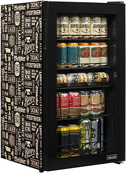 Photo 1 of NewAir Limited Edition Beverage Refrigerator and Cooler “Beers of the World” with Glass Door, 126 Can Capacity Freestanding Mini Beer Fridge with SplitShelf™ and 7 Temperature Settings AB-1200BC1