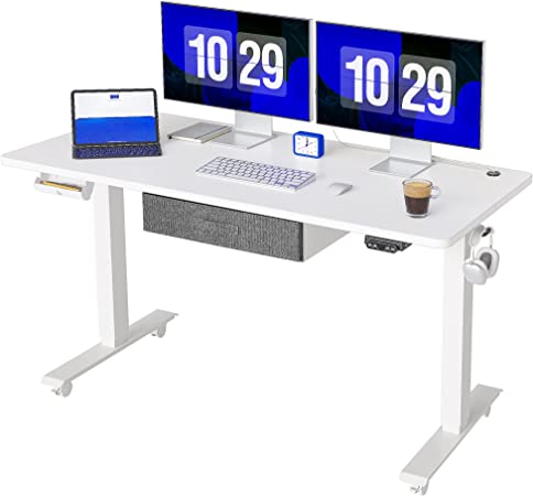 Photo 1 of FEZIBO Standing Desk with Drawer, Adjustable Height Electric Stand up Desk, 48 x 24 Inches Sit Stand Home Office Desk, Ergonomic Workstation White Steel Frame/White Tabletop