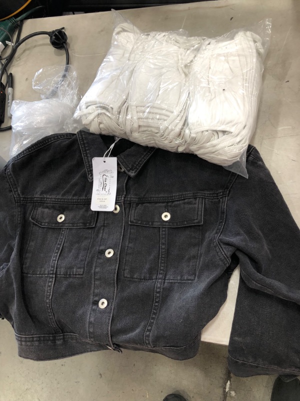 Photo 1 of 2 item bundle 
Elia Cher black Boyfriend Denim Jacket size XS
bag of cotton masks white  pack of 75 