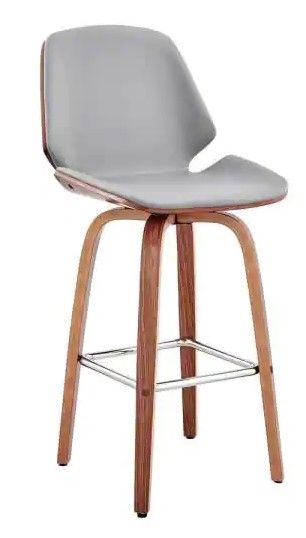 Photo 1 of Arabela 26 in. Counter Height Stool w/ High Back Grey Faux Leather and Walnut Wood Finish