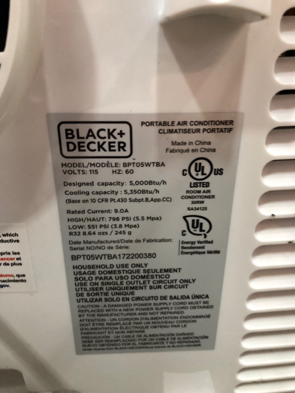 Photo 7 of BLACK+DECKER 8,500 BTU Portable Air Conditioner with Remote Control, White