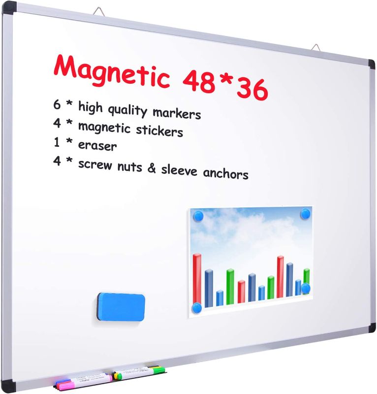 Photo 1 of 48" x 36" Dry Erase Board, Ohuhu Magnetic Large Whiteboard/White Board with 6 Color Dry Erase Markers, 4 x Magnetic Stickers, 1 x Eraser, 4 x Screw Nuts & Sleeve Anchors, Aluminum Frame, Silver
