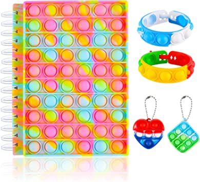 Photo 1 of Gomust Pop Bubble Fidget Pop-On-It Notebook with Keychain Bracelet College Ruled Paper Spiral Note Book Fidgets Toy Journal Notepad Portable for School Supplies Gift Idea, QTY: 4 