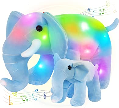 Photo 1 of Athoinsu Light up Musical Elephant Stuffed Animal Mother Baby Animals with LED Night Lights Glowing Singing Wildlife Plush Toy Birthday for Toddler Kids, Blue, 13''