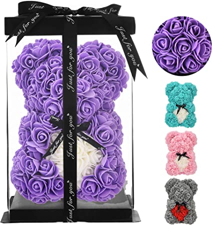 Photo 1 of Rose Flower Bear - Unique Gifts - Rose Bear - Gift for Women, Birthdays, Gifts for Girls, Gifts for mom, Etc. 10 Inches Tall- Clear Gift Box Included! (Purple)