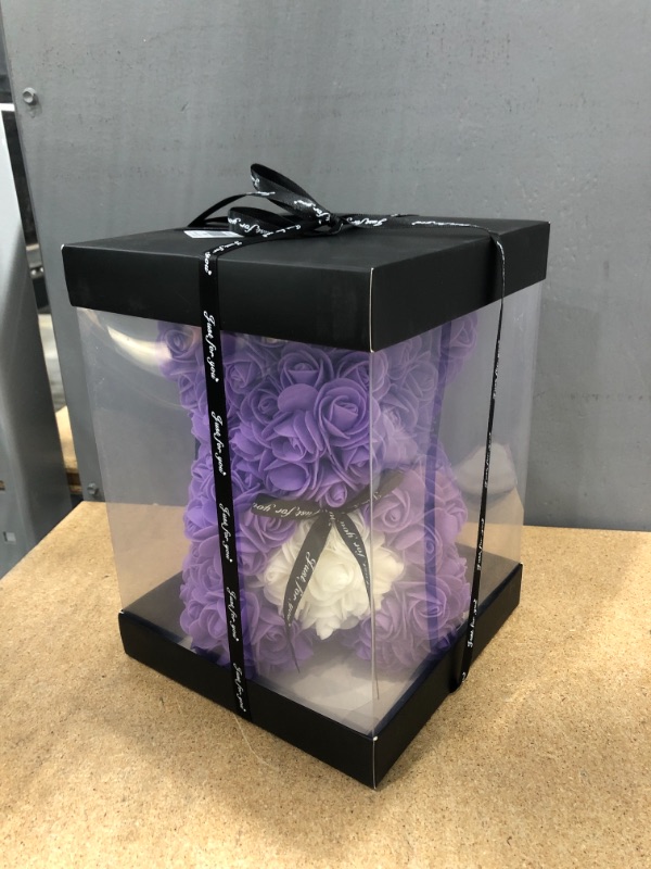 Photo 2 of Rose Flower Bear - Unique Gifts - Rose Bear - Gift for Women, Birthdays, Gifts for Girls, Gifts for mom, Etc. 10 Inches Tall- Clear Gift Box Included! (Purple)