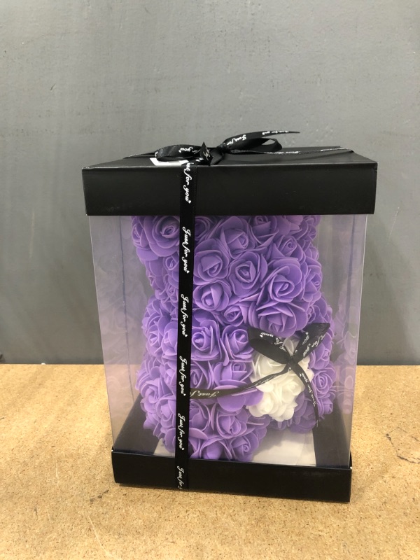 Photo 2 of Rose Flower Bear - Unique Gifts - Rose Bear - Gift for Women, Birthdays, Gifts for Girls, Gifts for mom, Etc. 10 Inches Tall- Clear Gift Box Included! (Purple)