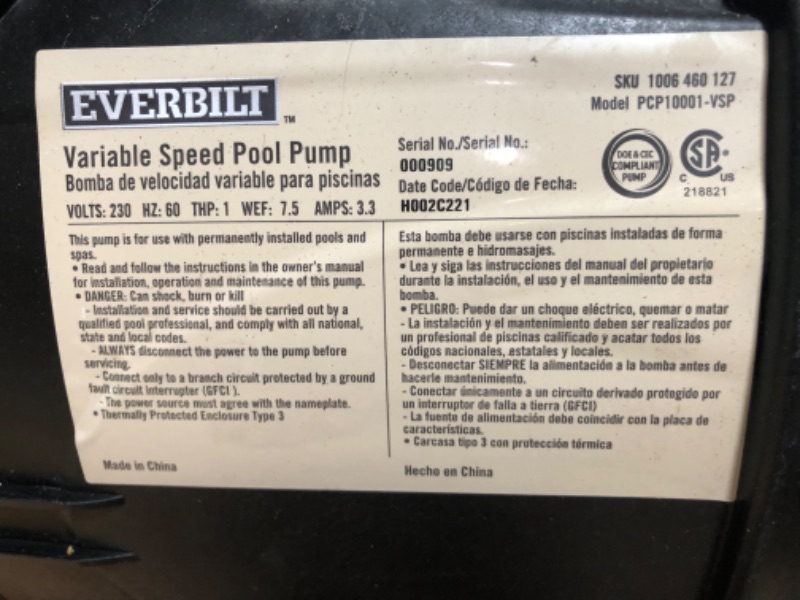 Photo 2 of (PARTS ONLY: missing manual) Everbilt 1 HP Variable Speed Pool Pump
