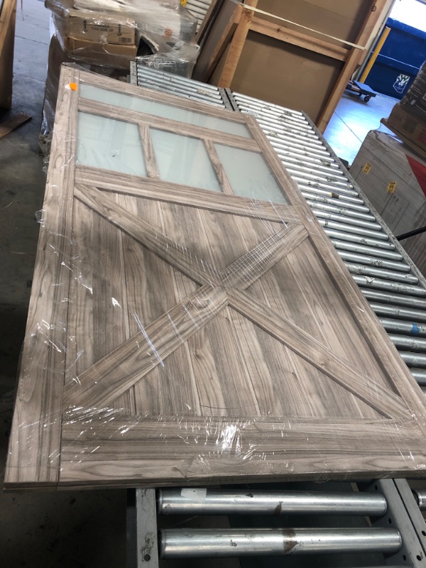 Photo 6 of (***DAMAGED***
TRUporte 42 in. x 84 in. Silver Oak MDF Frosted Glass 5-Lite Rustic Sliding Barn Door -HARDWARE KIT IS NOT INCLUDED ,J HOOK IS NOT INCLUDED 