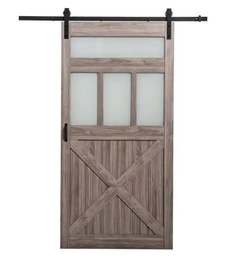 Photo 1 of (***DAMAGED***
TRUporte 42 in. x 84 in. Silver Oak MDF Frosted Glass 5-Lite Rustic Sliding Barn Door -HARDWARE KIT IS NOT INCLUDED ,J HOOK IS NOT INCLUDED 