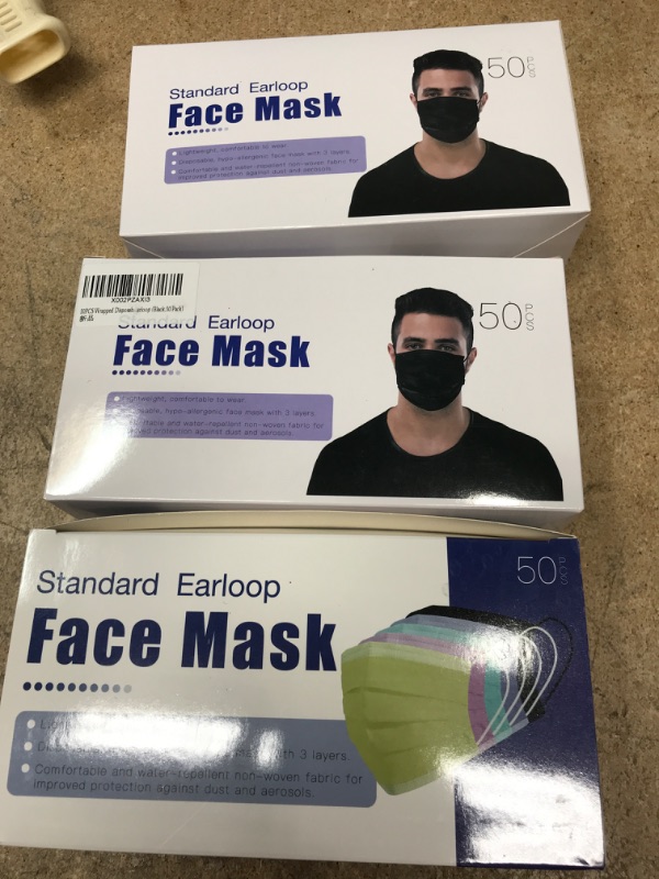 Photo 1 of 50PCS STANDARD EARLOOP DISPOSABLE FACE MASKS
3 BOXES, 2X BLACK, 1X MULTI