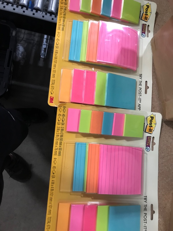 Photo 2 of 2  Post-it Super Sticky Notes, Assorted Sizes, 15 Pads, 2x the Sticking Power, Miami Collection, Neon Colors (Orange, Pink, Blue, Green), Recyclable (4423-15SSMIA)
