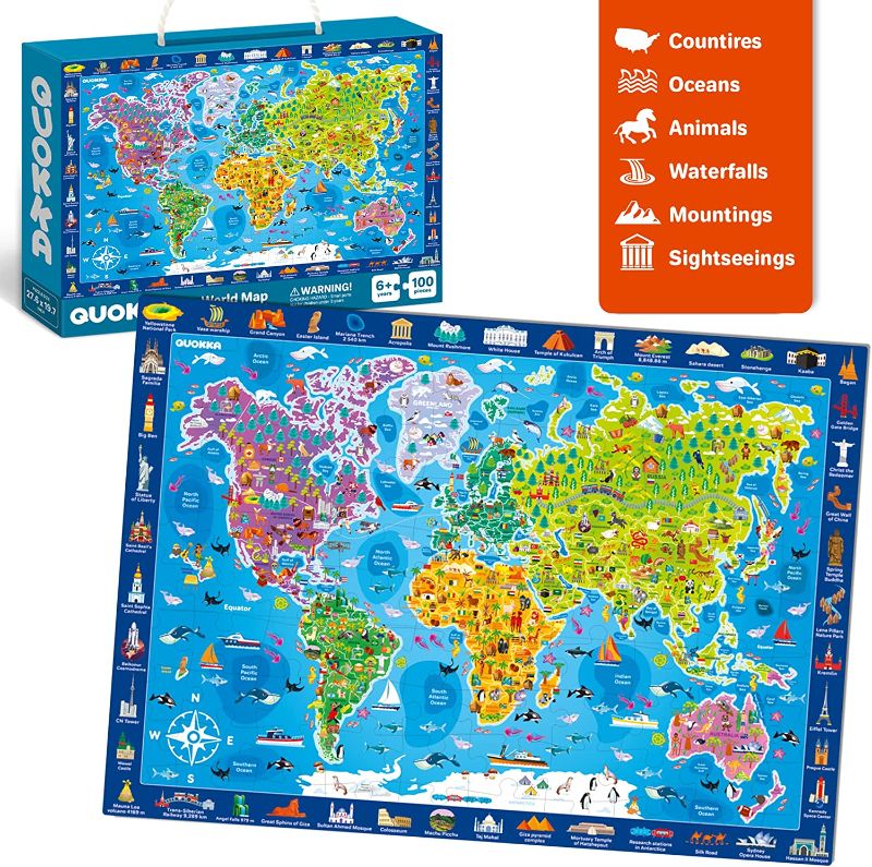 Photo 1 of (2) 100 Piece Puzzles for Kids  Educational World USA Map &USA National Park Animals