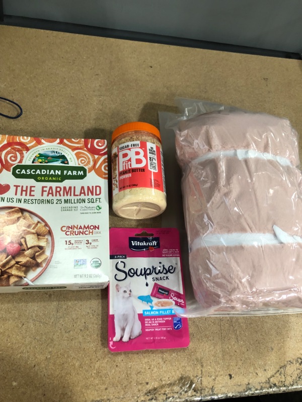 Photo 1 of *EXPIRES July 2022*
Miscellaneous Bundle (powdered peanut butter, cat food topper, organic cereal, and 60x80 sherpa fleece throw blanket) 
