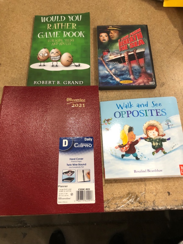 Photo 4 of *miscellaneous book bundle*
*Would You Rather Game Book For Kids, Teens And Adults
Walk and See: Opposites Board book
Red 2021 hard cover planner
It Came Beneath The Sea DVD
