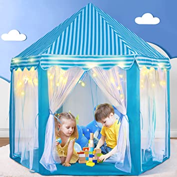 Photo 1 of Castle Tent for Girls/ Boys with LED Star Lights, Indoor and Outdoor Games, 55x53 inch (Blue Tent)
