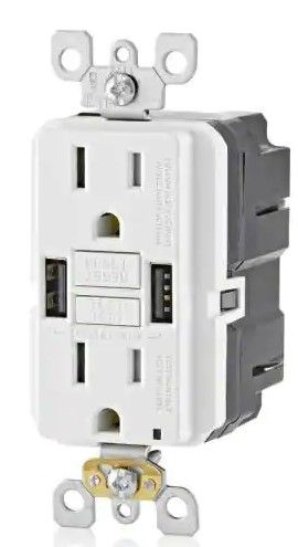 Photo 1 of 15 Amp Smartlock Pro Self-Test GFCI Combination 24-Watt (4.8 Amp) Type A USB In-Wall Charger Duplex Outlet, White
