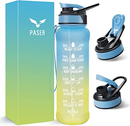 Photo 1 of 5 PASER 24/32 oz Motivational Water Bottle with Time to Drink, Removable Straw & Time Marker, Tritan BPA-Free, Flip Lid Fast Flow & Leak Proof Water Jug for School, Office, Fitness, Outdoor Sports…