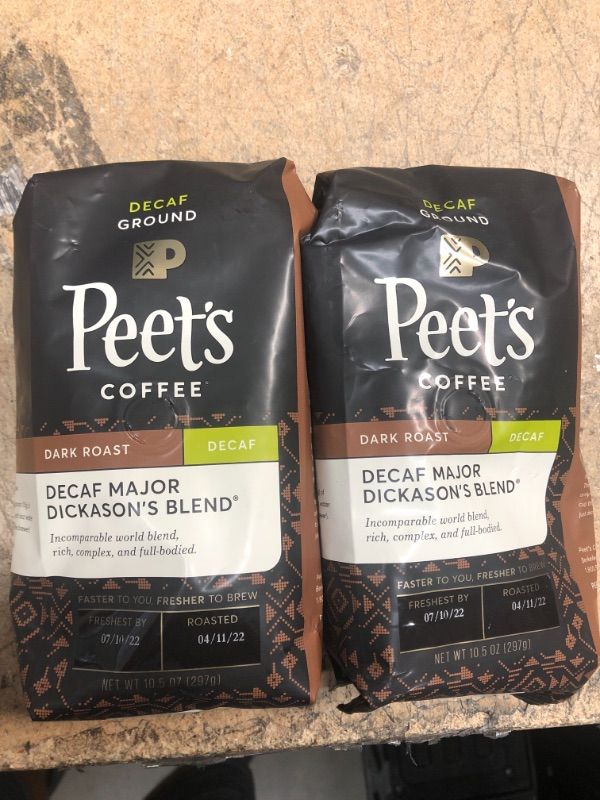 Photo 1 of 2 PACK
BEST BUY DATE 7/10/2022
Peet's Coffee, Dark Roast Decaffeinated Ground Coffee - Decaf Major Dickason's Blend 10.5 Ounce Bag, Packaging May Vary

